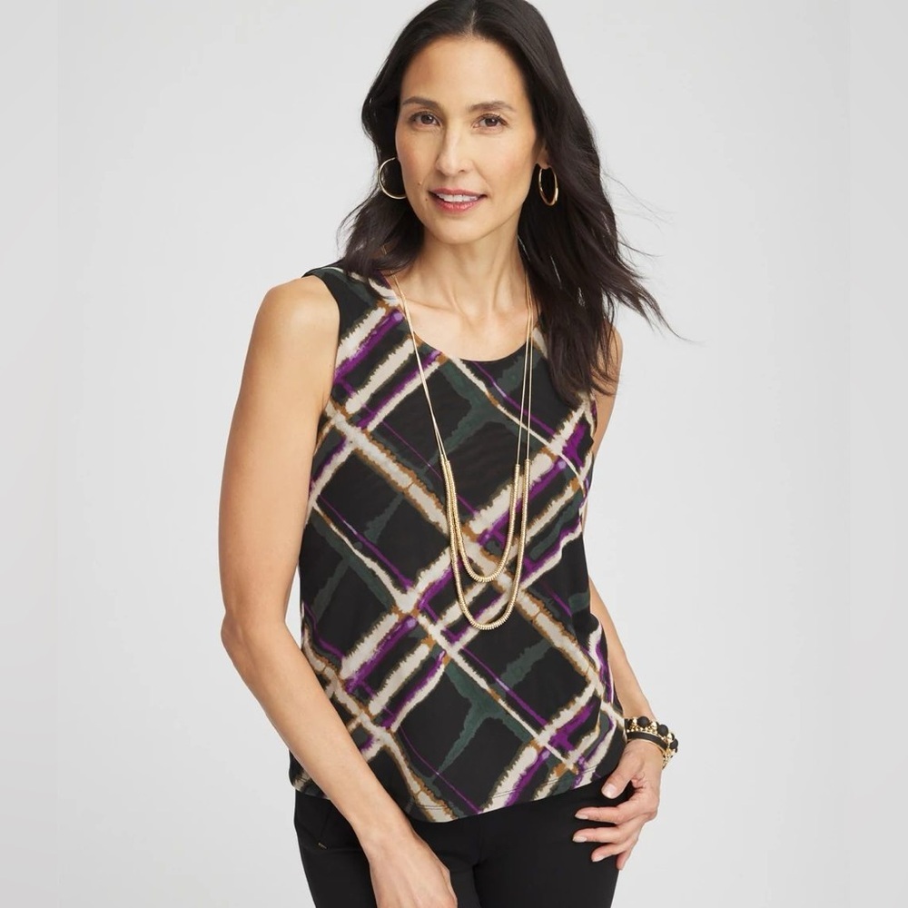 Chico's Plaid Mesh Tank Black Multi NWT Size 4 XXL